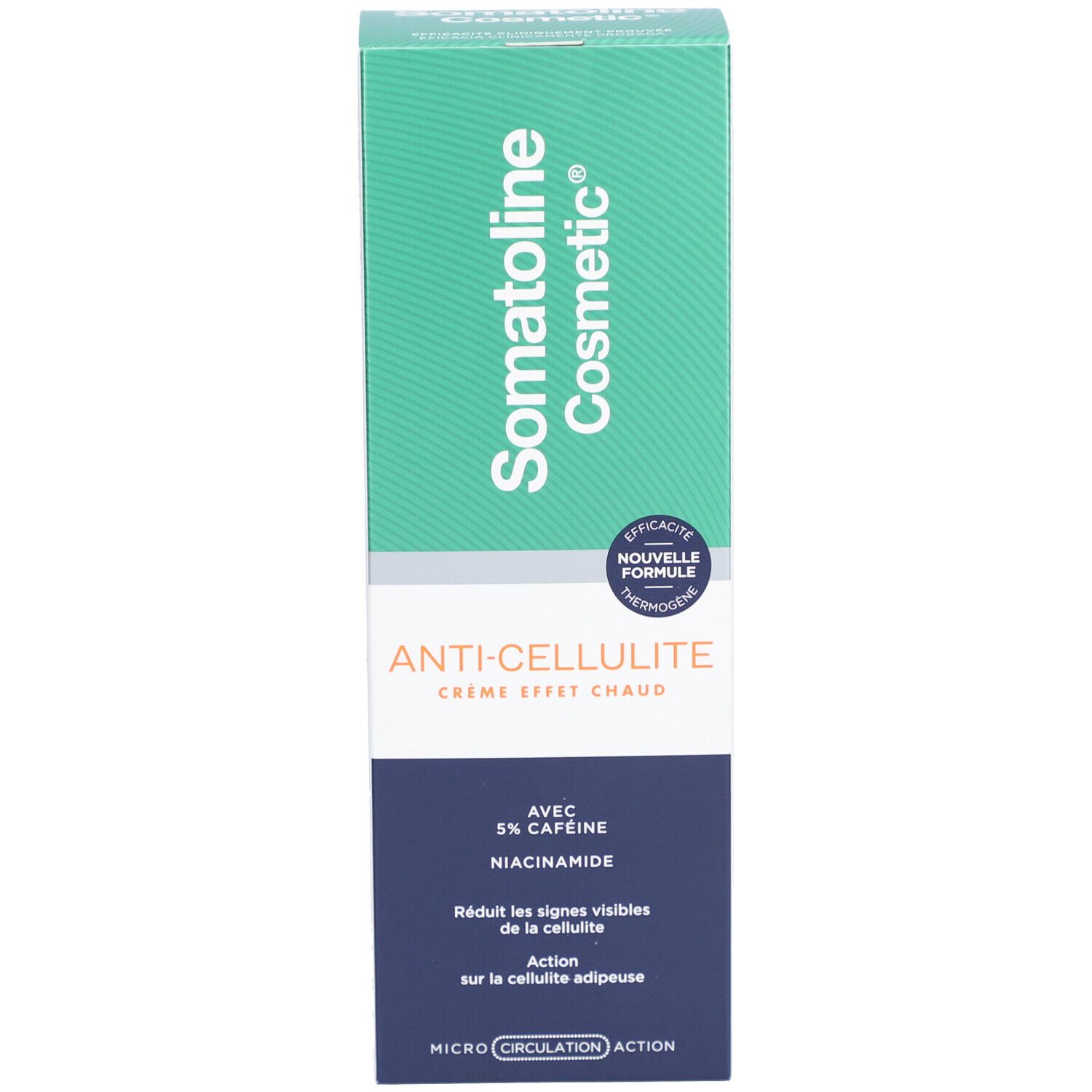 Emballage du produit. Inscription: Somatoline Cosmetic, Anti-Cellulite Crème, avec 5% caféine et niacinamide.