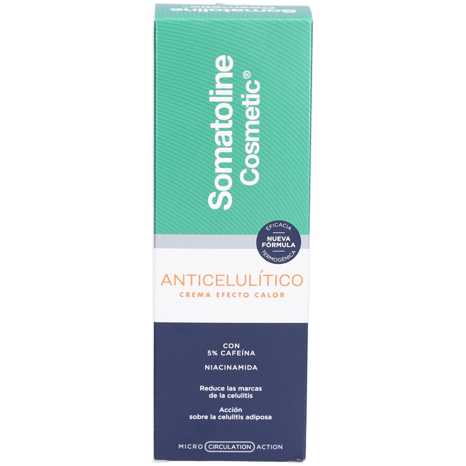 Emballage du produit. Inscription: Somatoline Cosmetic, Anticellulítico, Crema efecto calor, avec 5% caféine et niacinamide.