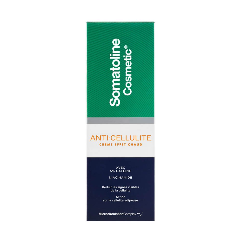 Productverpakking. Opschrift: Somatoline Cosmetic, Anti-Cellulite Crème, Crème effet chaud.