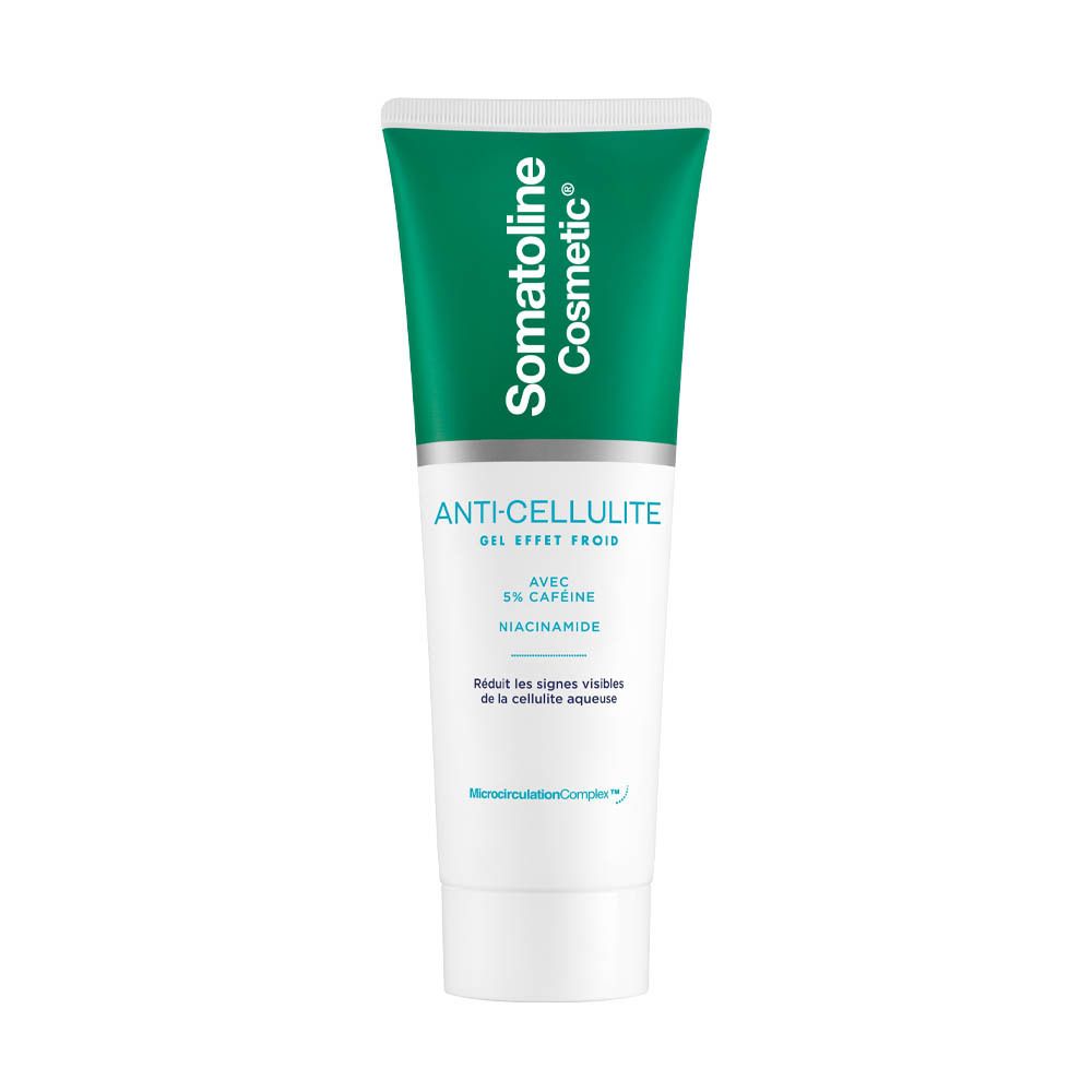 Wit-groene tube met tekst. Anti-cellulite gel met cafeïne en niacinamide. Merk: Somatoline Cosmetic.