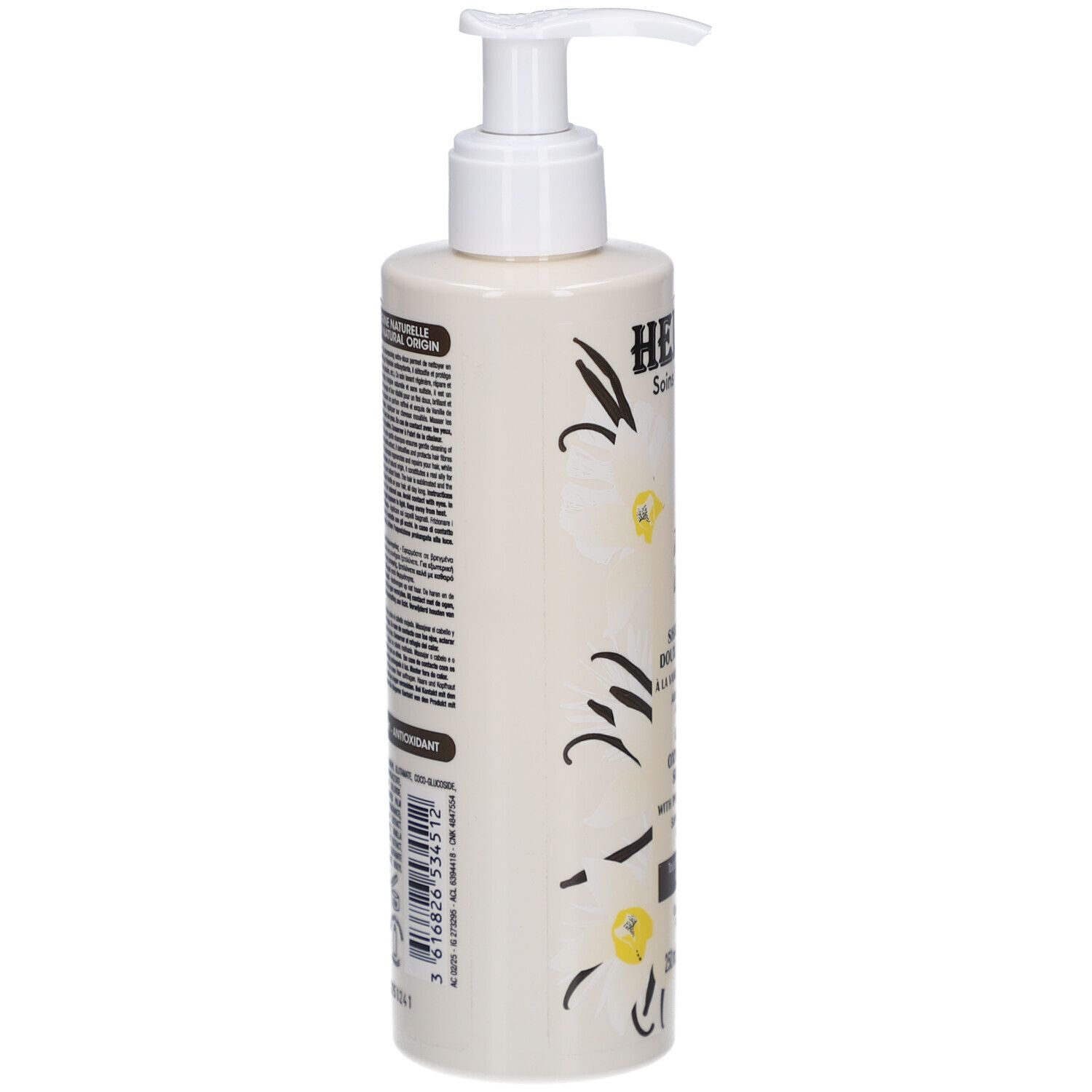 Flacon beige avec pompe. Texte au dos. Hei Poa, Tahiti Detox Shampooing. 250 ml.