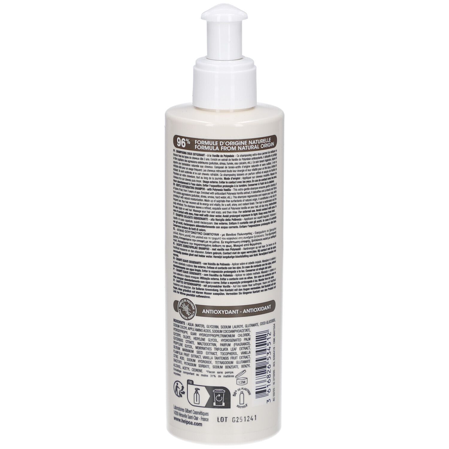 Flacon beige avec pompe. Dos avec texte et ingrédients. Hei Poa, Tahiti Detox Shampooing. 250 ml.