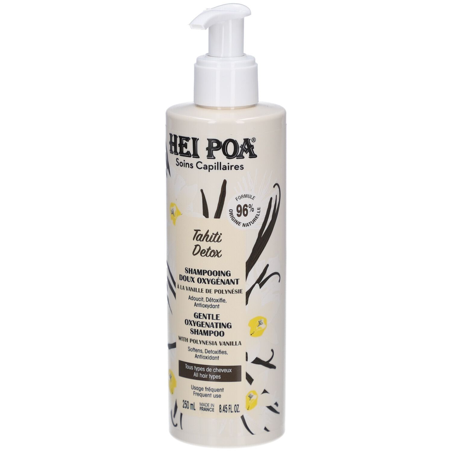 Flacon beige avec pompe. Inscription: Hei Poa, Tahiti Detox, Shampooing. À la vanille. 250 ml.