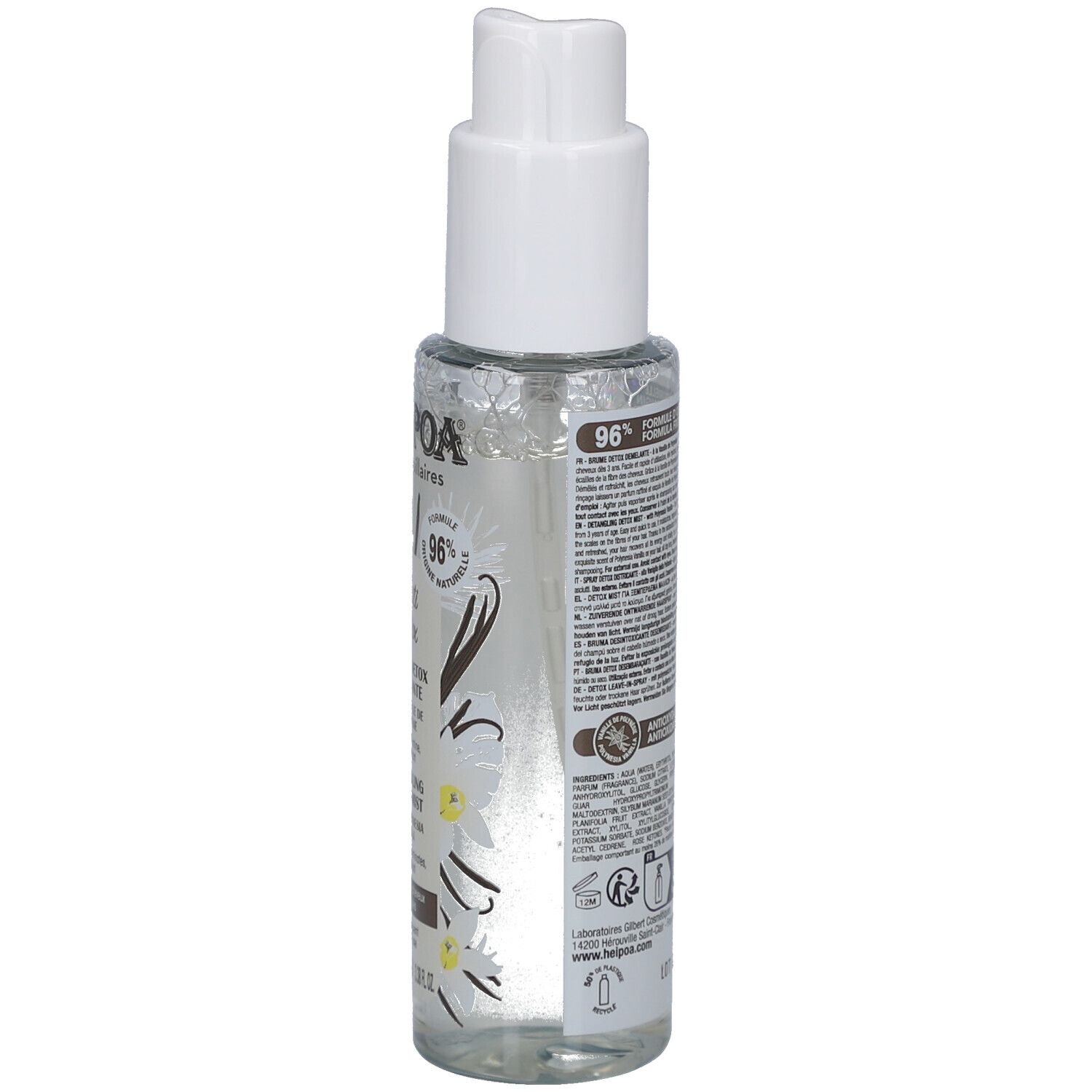 Vue arrière du flacon pulvérisateur. Texte et code-barres sur l'étiquette. Informations sur les ingrédients et le fabricant. Formule naturelle à 96%.