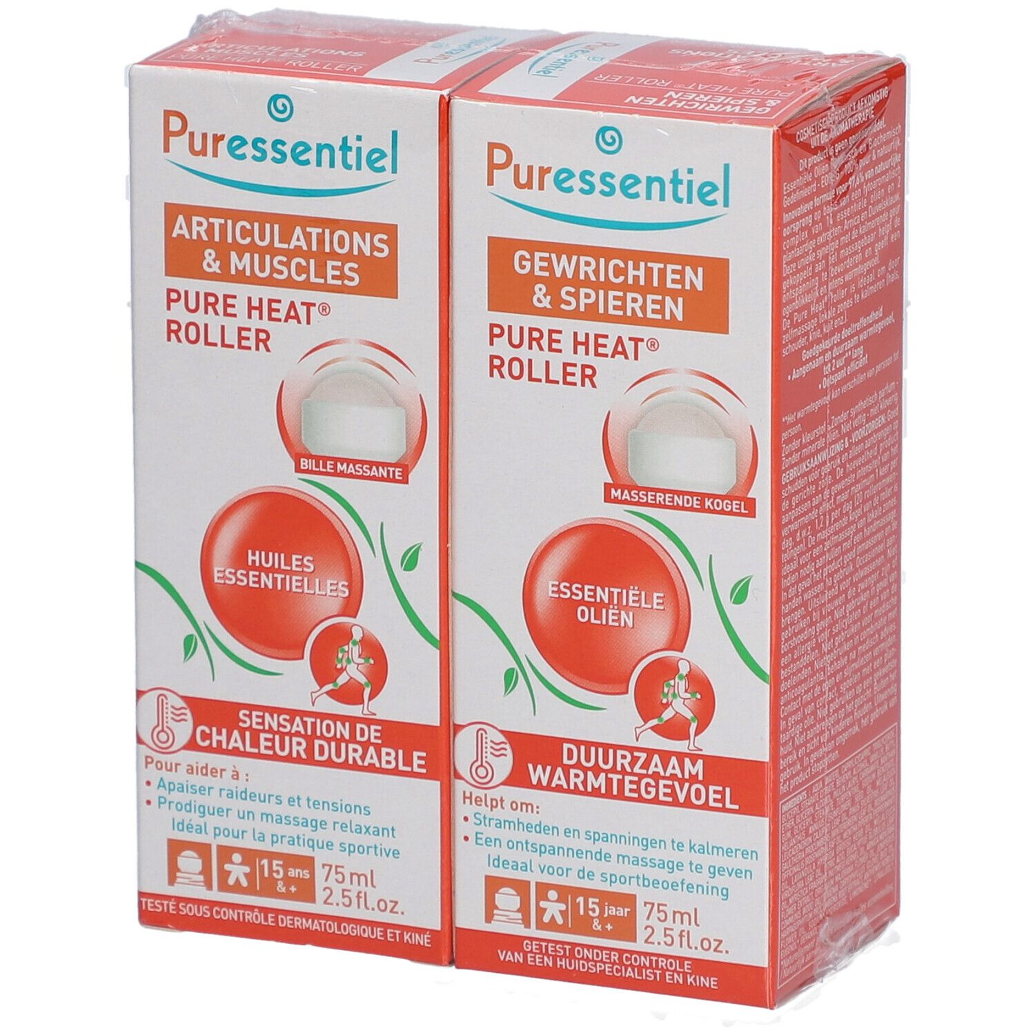 Twee dozen met "Articulations & Muscles Pure Heat Roller" en "Gewrichten & Spieren Pure Heat Roller".