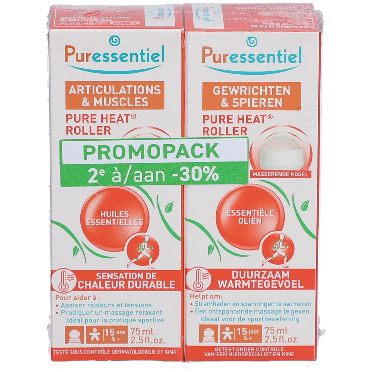 Twee verpakte dozen met "Articulations & Muscles Pure Heat Roller" en "Gewrichten & Spieren Pure Heat Roller".