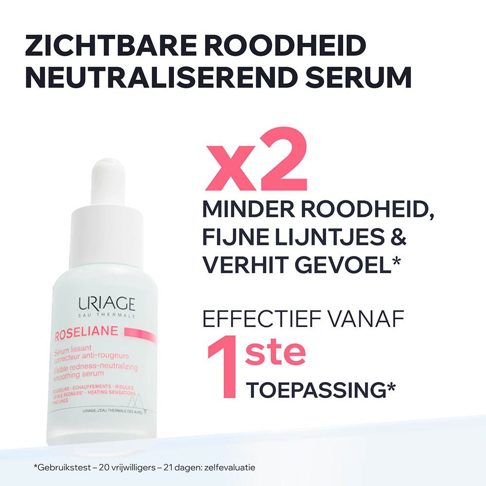 Uriage Roséliane serumflesje met pipet. Product en tekst.