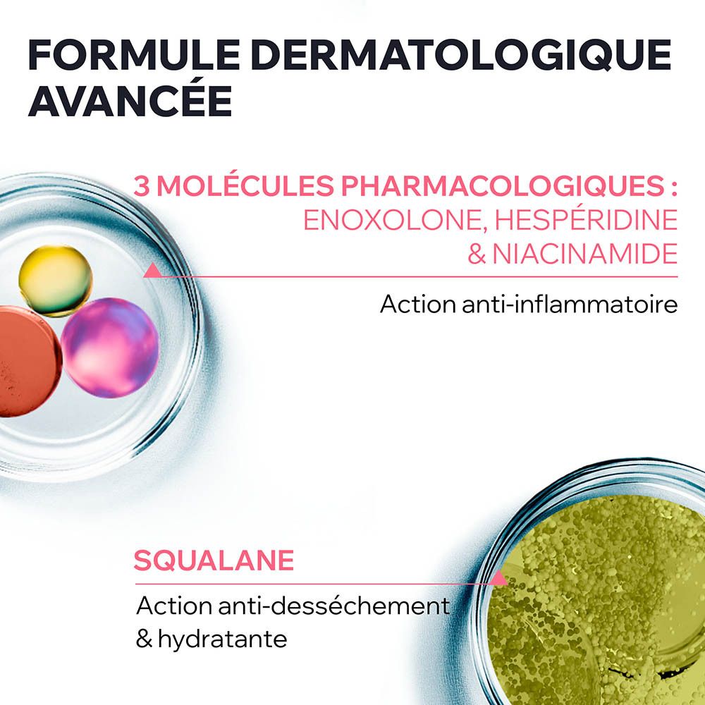 Gros plan sur des récipients de laboratoire. Ingrédients : Enoxolone, Hespéridine, Niacinamide.