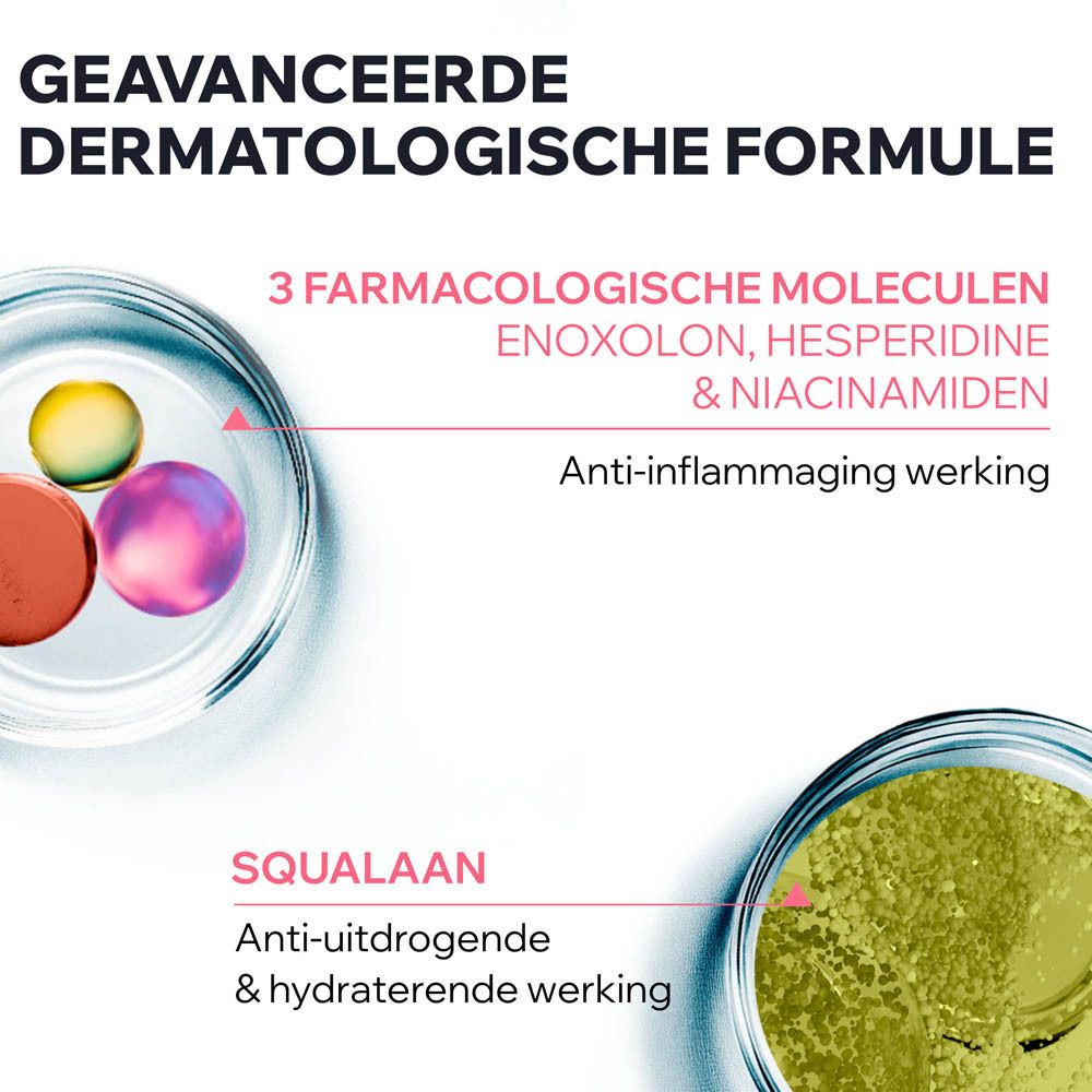 Dermatologische formule. 3 moleculen: Enoxolon, Hesperidine & Niacinamide. Anti-inflammatoire werking. Squalaan.