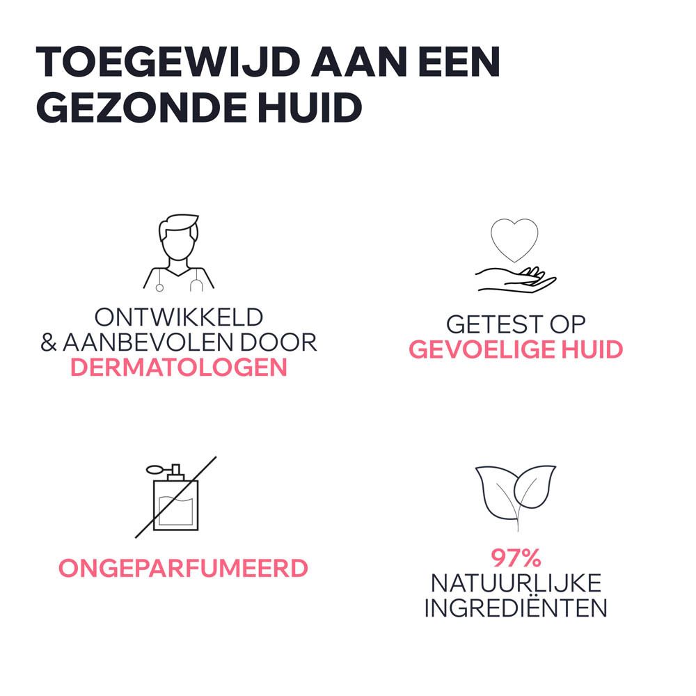 Symbolen: Ontwikkeld en aanbevolen door dermatologen. Getest op gevoelige huid. Ongeparfumeerd. 97% natuurlijke ingrediënten.