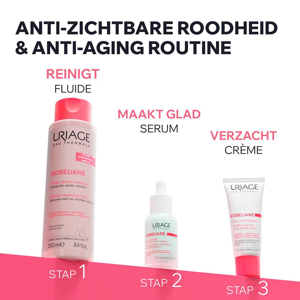 Uriage Roséliane serumflesje met pipet. Product en tekst.