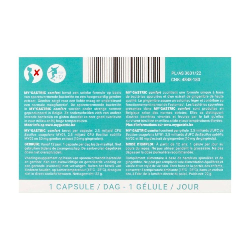 MyGastric Comfort gélules avec probiotiques et extrait de gingembre, 1 gélule par jour.