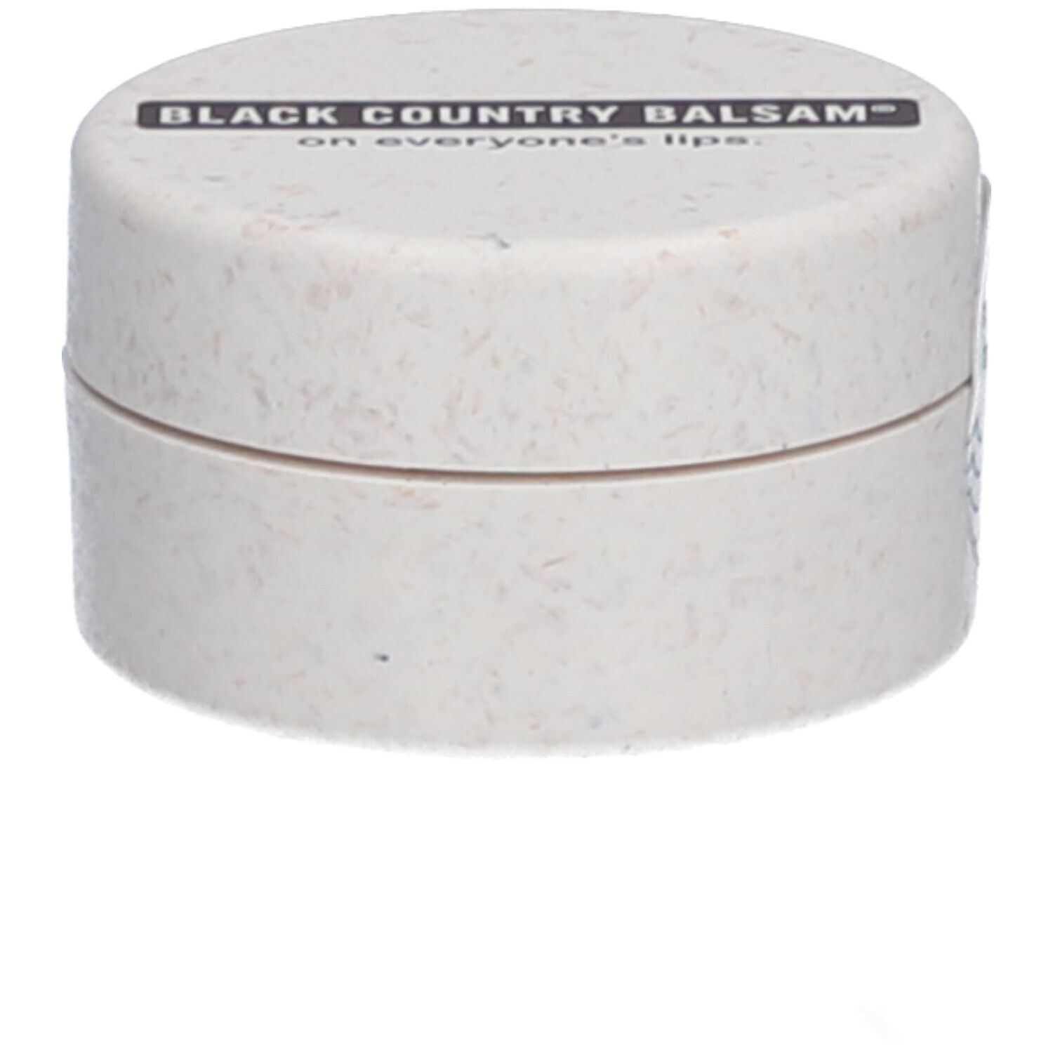 Ronde, crèmekleurige pot met deksel. Op deksel staat "BLACK COUNTRY BALSAM" en "on everyone's lips".
