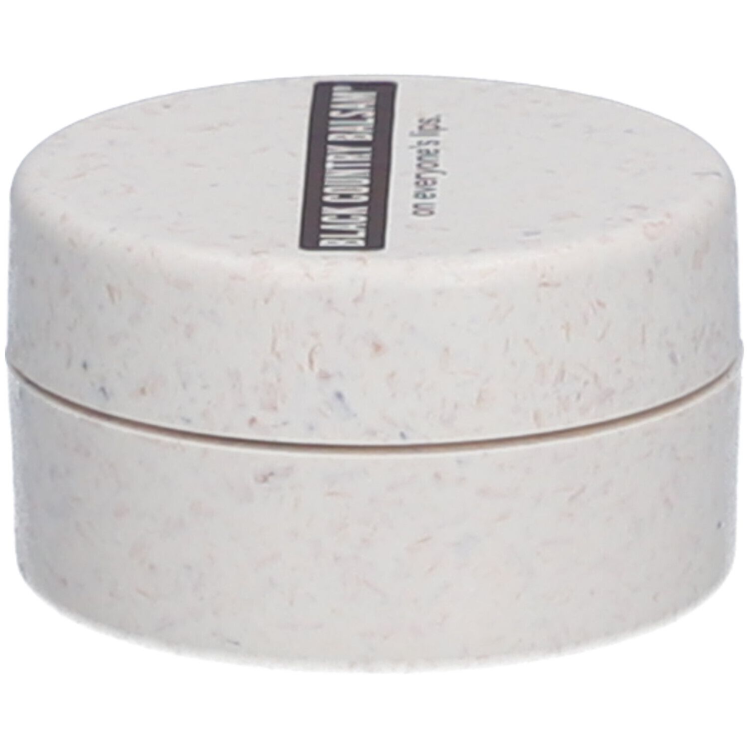 Ronde, crèmekleurige pot met deksel. Op deksel staat "BLACK COUNTRY BALSAM" en "on everyone's lips".