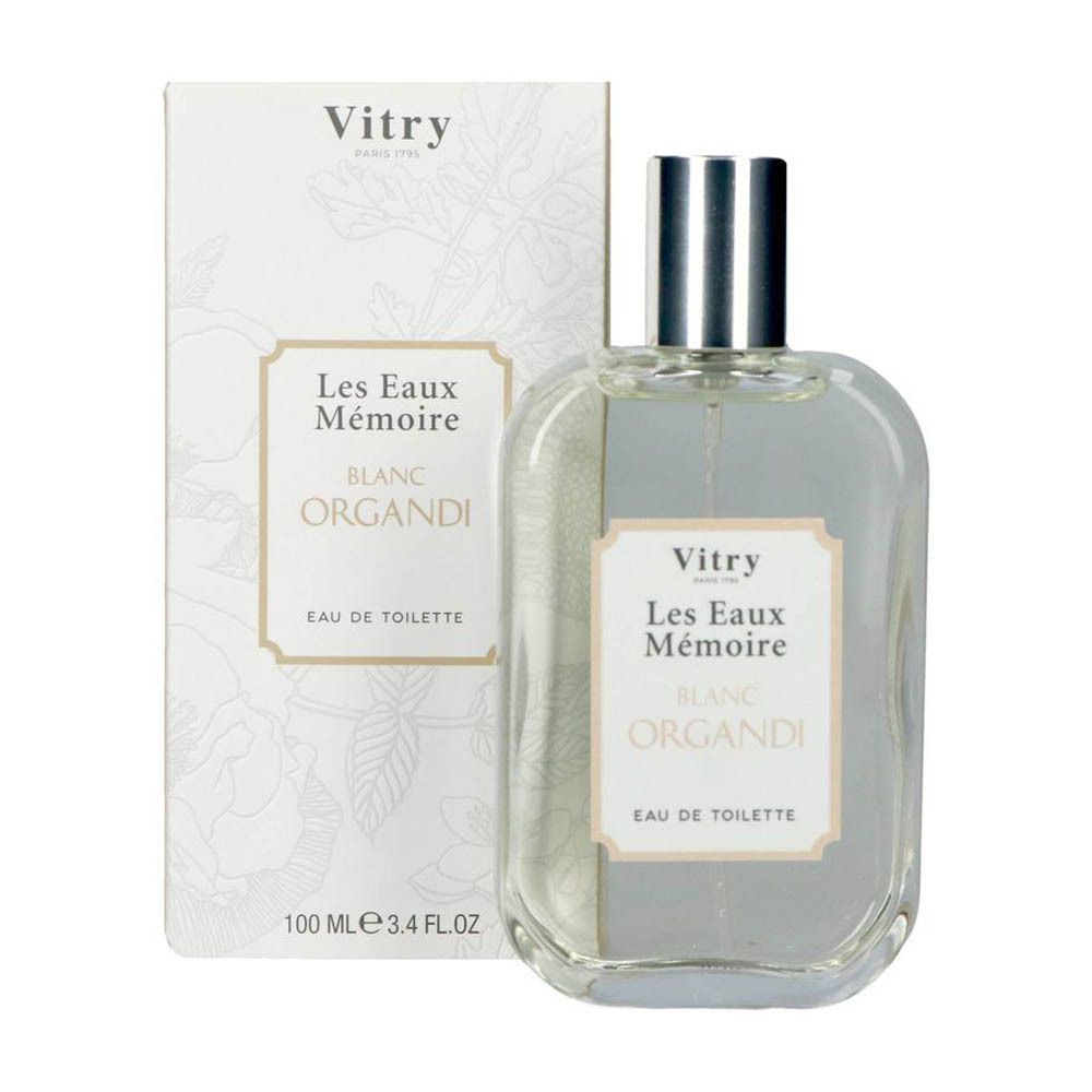 Flacon de parfum et boîte. Flacon transparent, étiquette: Les Eaux Mémoire Blanc Organdi Eau de Toilette. Marque Vitry.
