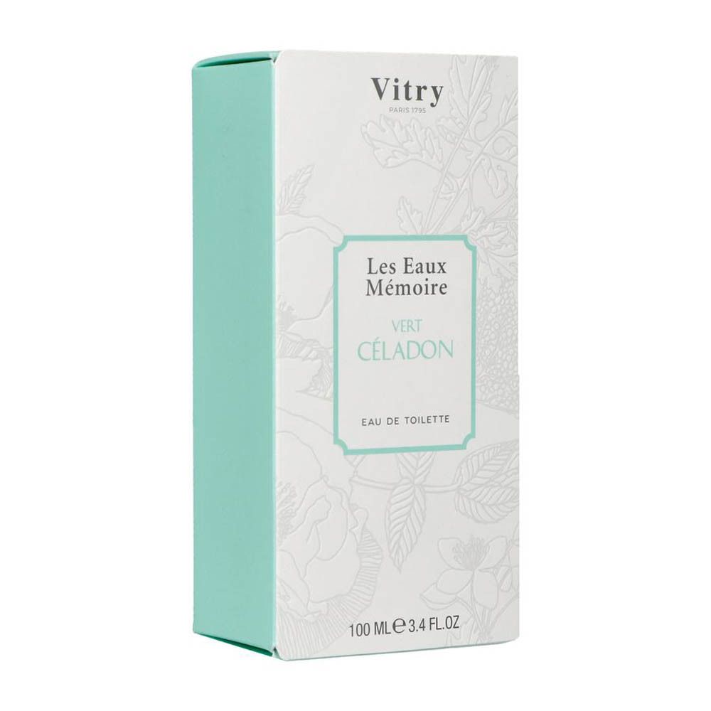 Vitry Eau De Toilette Vert Celadon. Boîte rectangulaire, vert clair. Inscription: Les Eaux Mémoire, Vert Céladon, Eau de Toilette.
