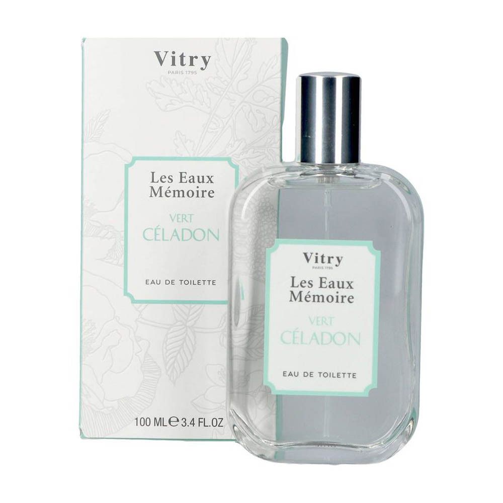 Vitry Eau De Toilette Vert Celadon. Flacon et boîte. Flacon transparent, bouchon argenté. Inscription: Les Eaux Mémoire, Vert Céladon.