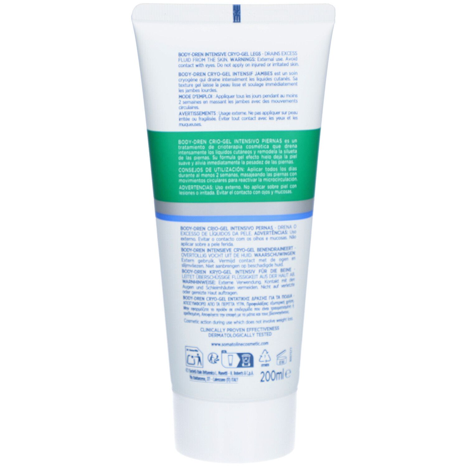Achterkant van een witte tube. Tekst in meerdere talen. Opschrift: BODY-DREN Cryo-Gel Intensif Jambes. 200ml.