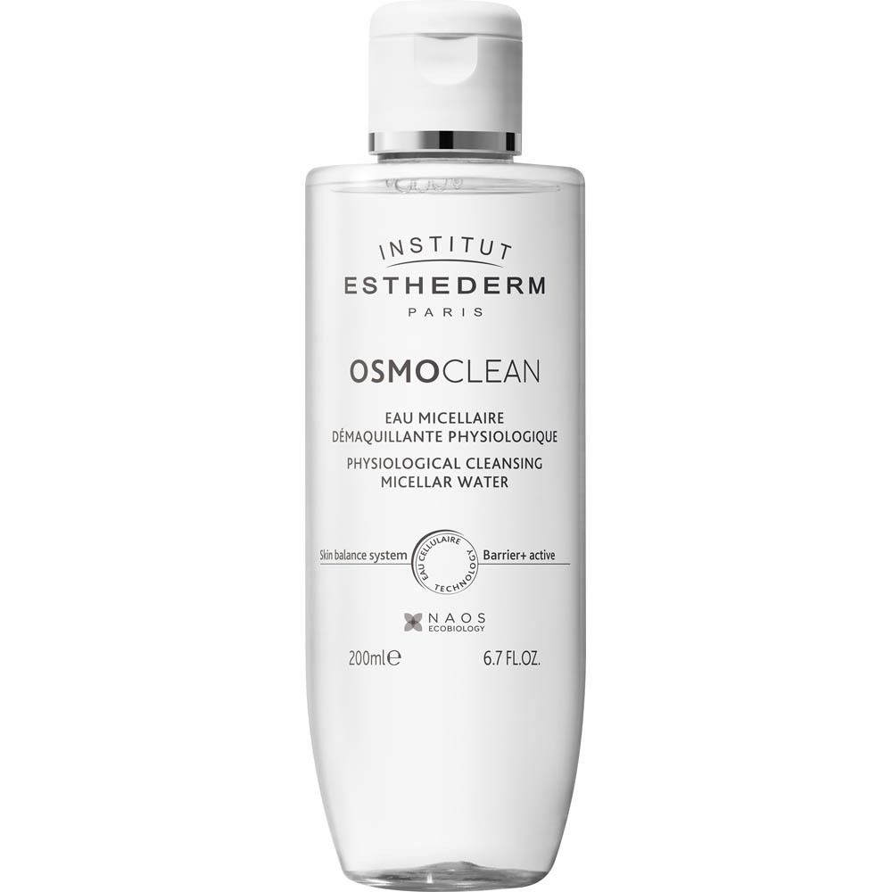 Transparante fles met witte dop. Opschrift: Institut Esthederm, Osmoclean, Eau Micellaire Démaquillante Physiologique, Micellar Water.