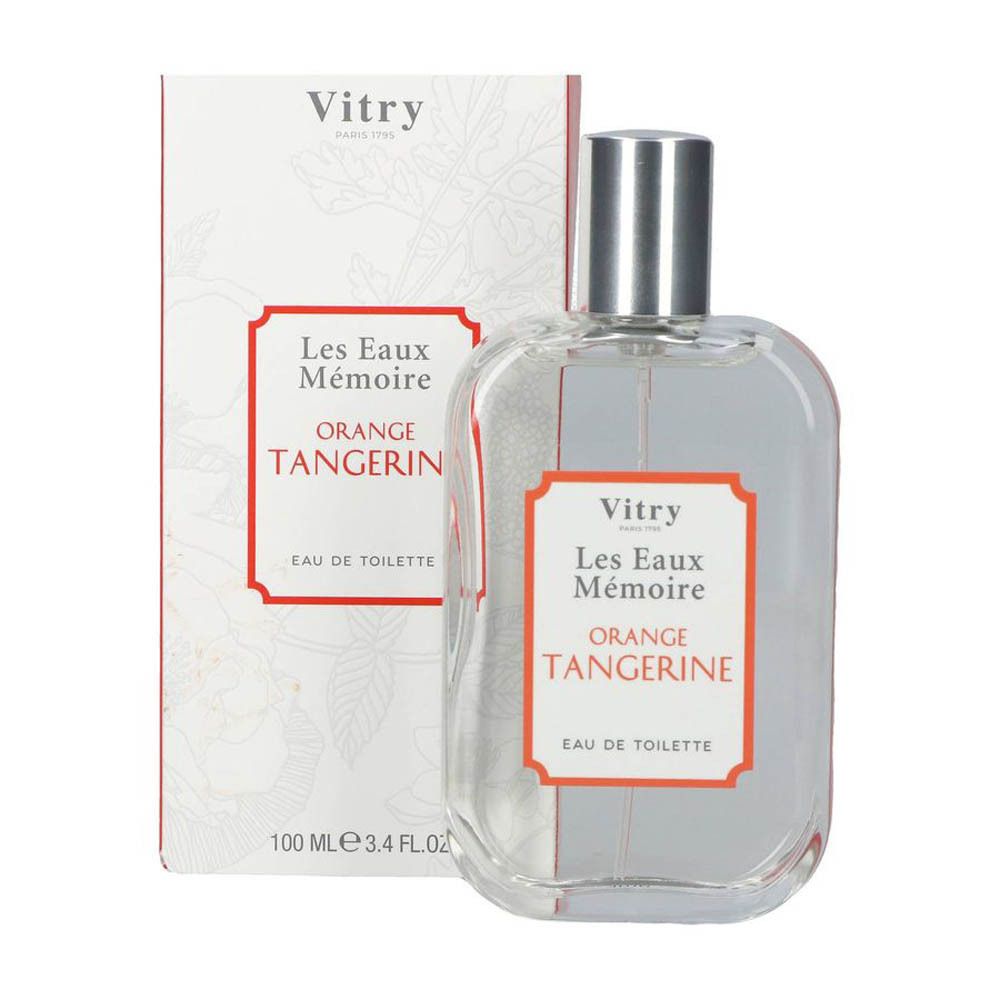 Vitry Eau De Toilette Orange Tangerine. Flacon à côté de la boîte. Texte: Les Eaux Mémoire, Orange Tangerine, Eau de Toilette.