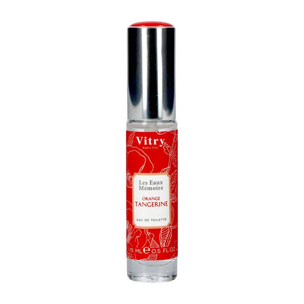 Vitry Eau De Toilette Orange Tangerine. Flacon avec étiquette rouge, bouchon argenté. Texte: Les Eaux Mémoire, Orange Tangerine, Eau de Toilette.