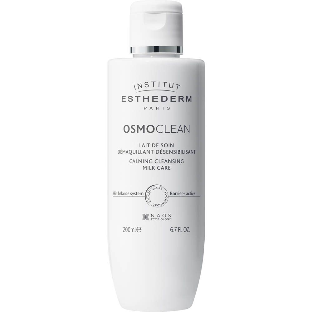 Witte fles met witte dop. Opschrift: Institut Esthederm, Osmoclean, Lait de Soin Démaquillant Désensibilisant.