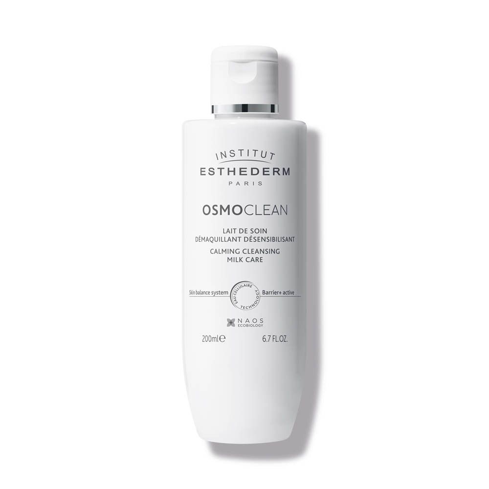 Flacon blanc avec bouchon blanc. Inscription: Institut Esthederm, Osmoclean, Lait de Soin Démaquillant Désensibilisant.