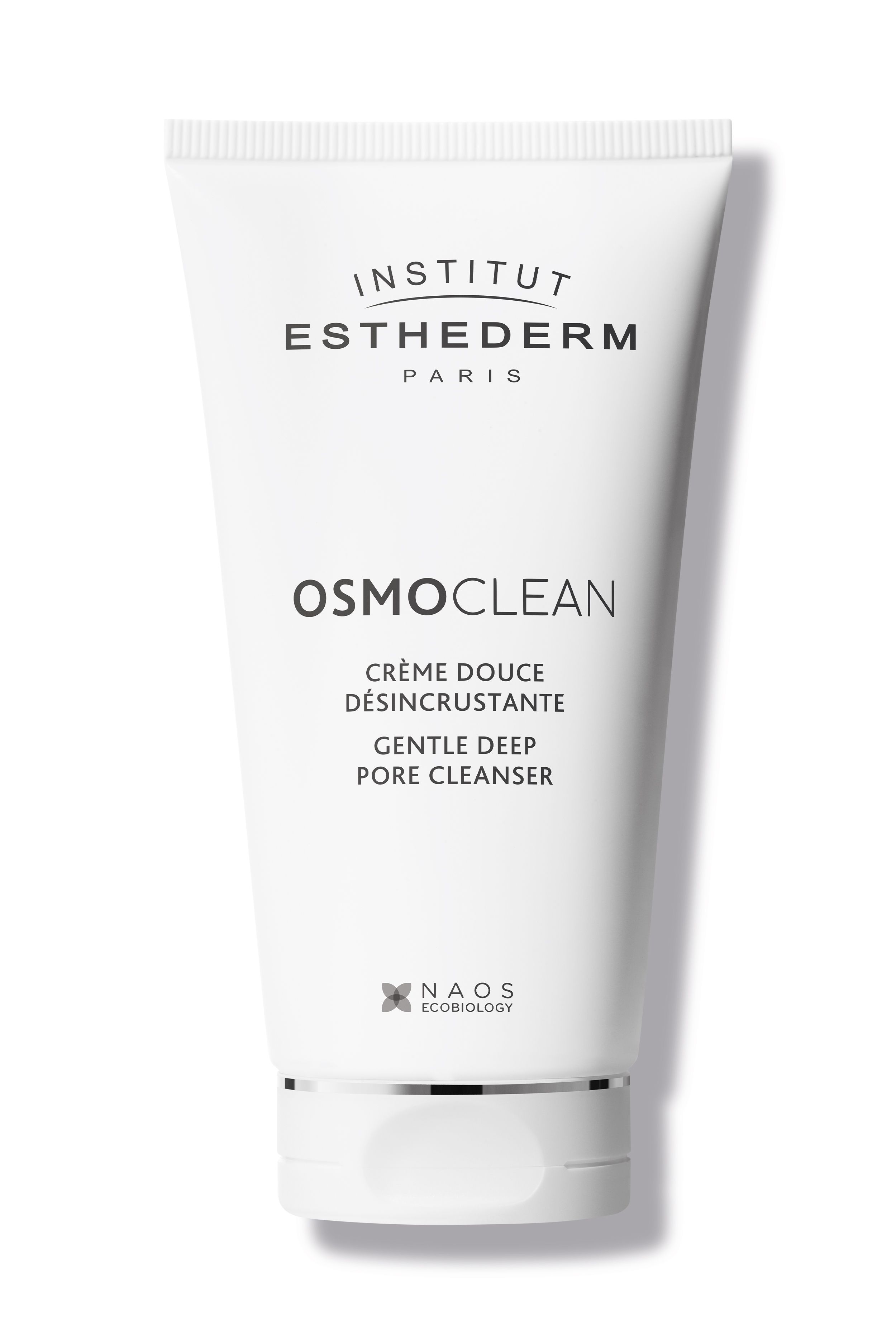 Witte tube met opschriften: INSTITUT ESTHEDERM PARIS, OSMOCLEAN, Crème Douce Désincrustante, Gentle Deep Pore Cleanser.