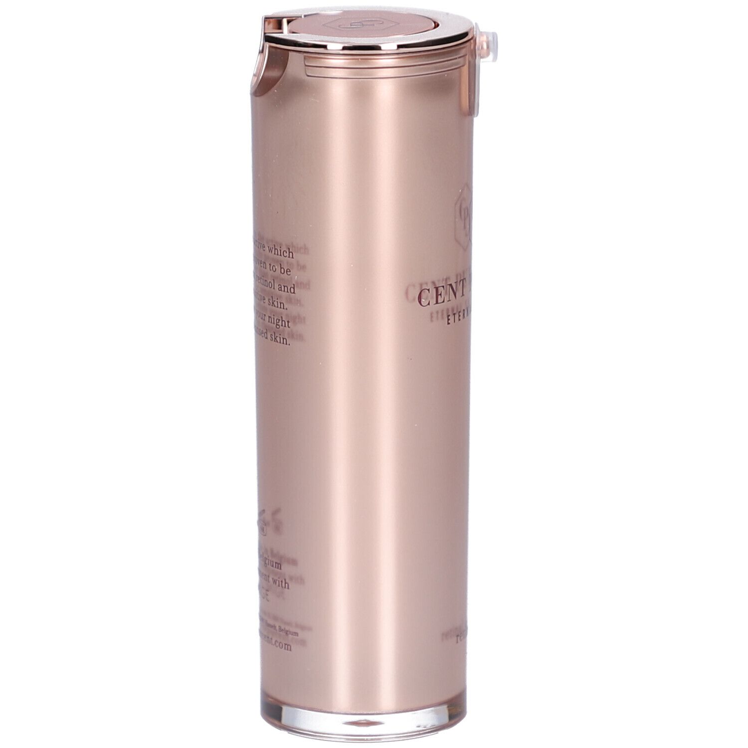 Roségoudkleurige cilindrische fles. Zilveren dop. Opschrift: CENT PUR CENT, Eternal Skincare. Tekst op de zijkant.