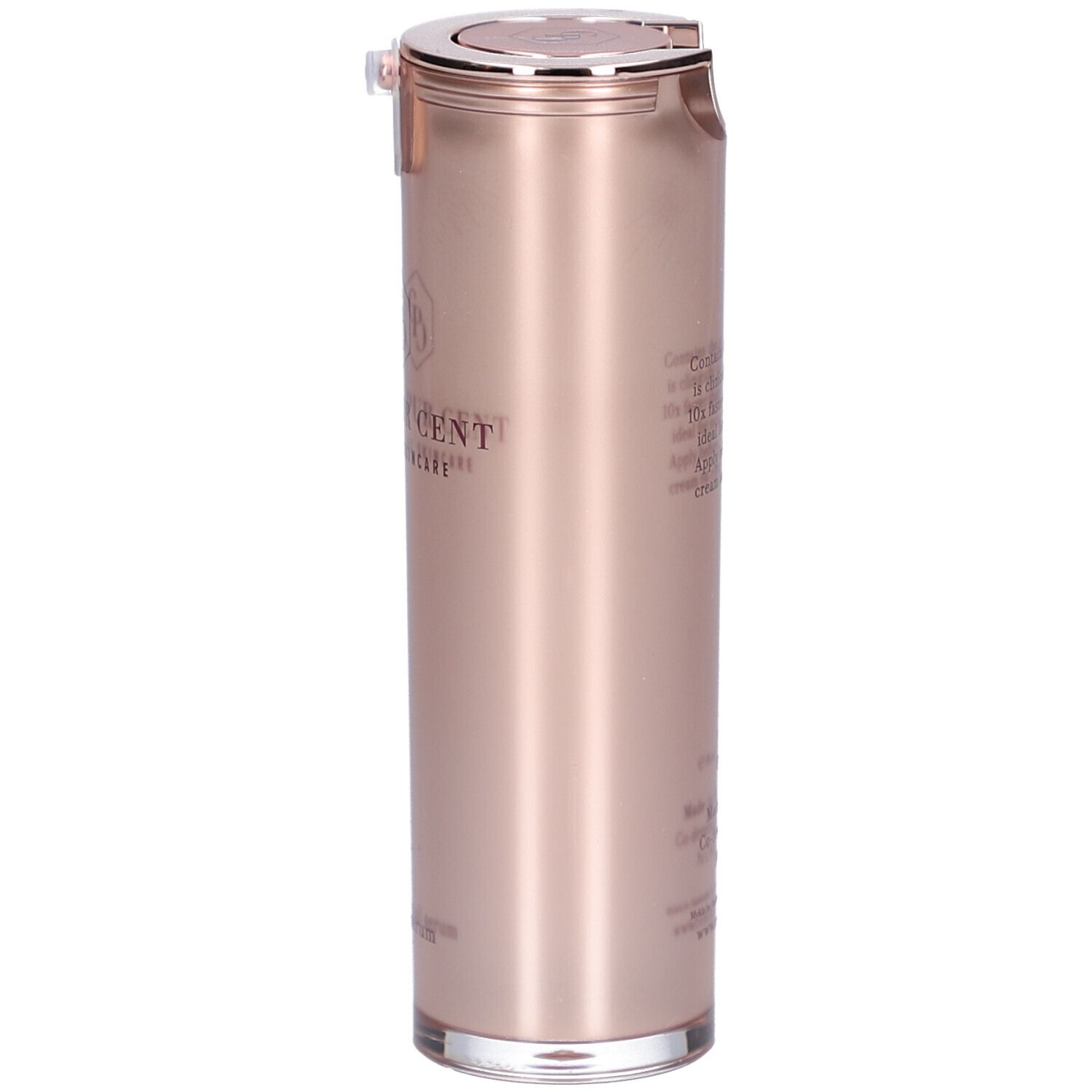 Roségoudkleurige fles. Zilveren dop. Tekst: CENT PUR CENT, Eternal Skincare. Gemaakt in België.