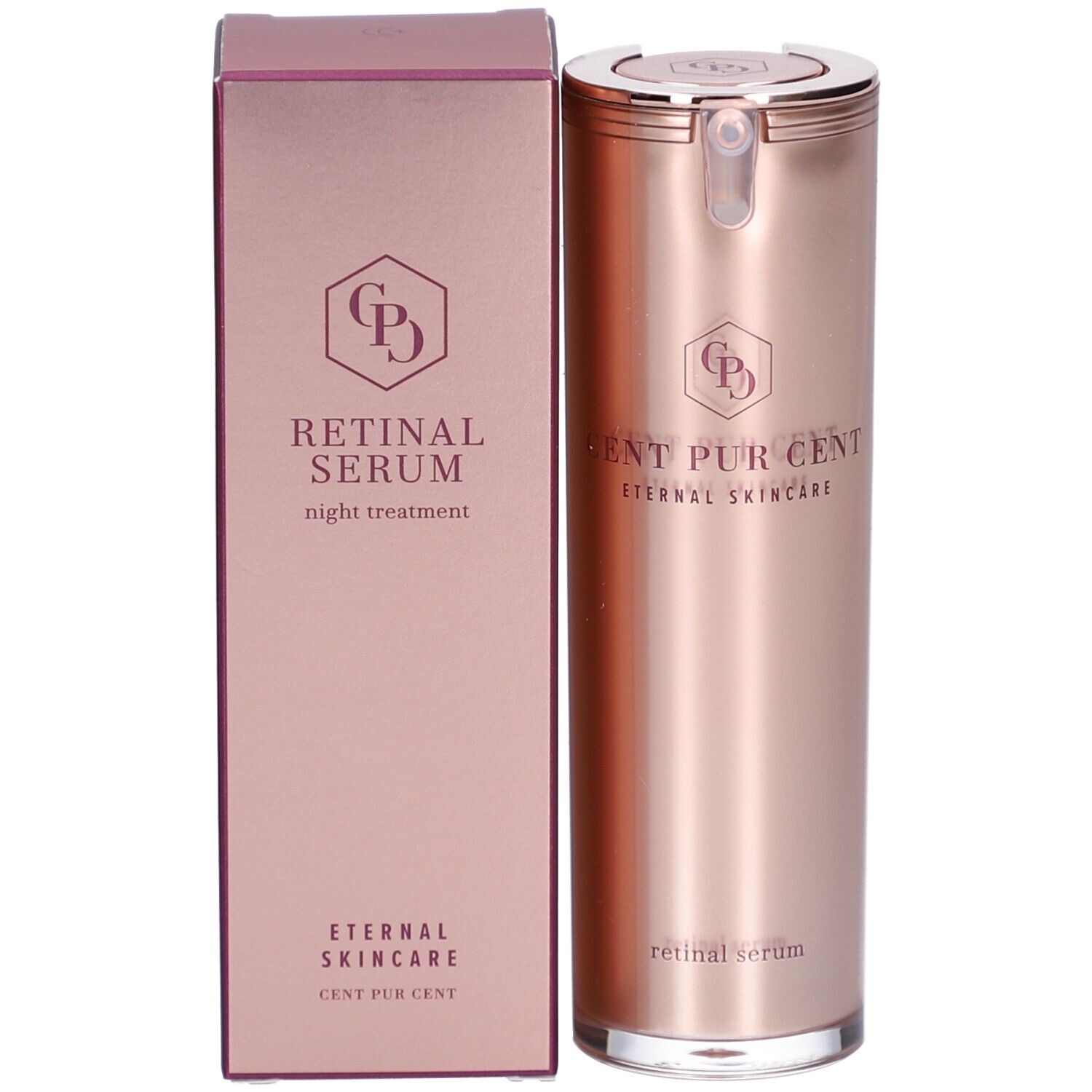 Productverpakking en fles. Roségoudkleurige fles, zilveren dop. Doos: Retinal Serum, Eternal Skincare.