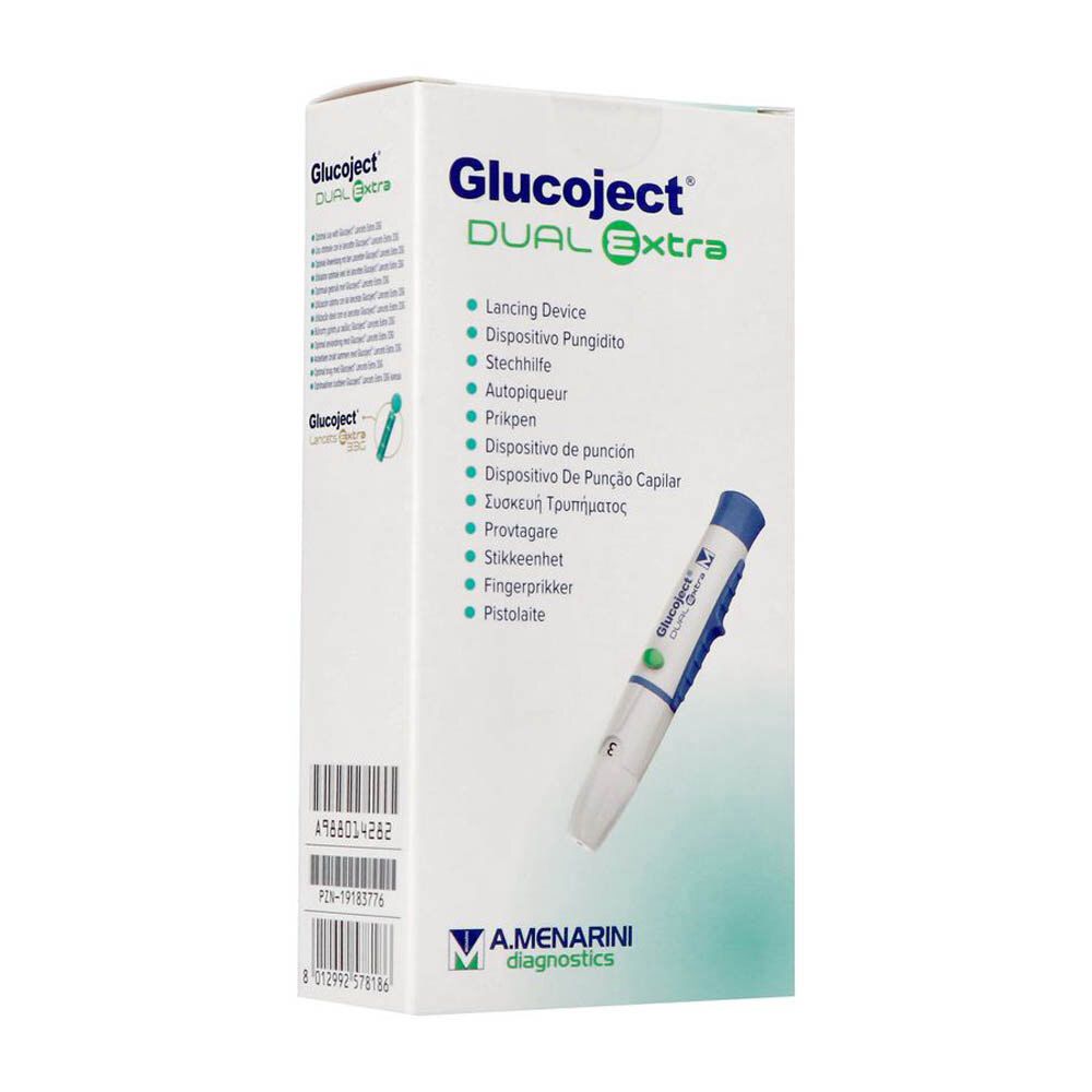 Verpakking van Glucoject Dual Extra. Opschrift: Lancing Device. Een autopiqueur is afgebeeld.