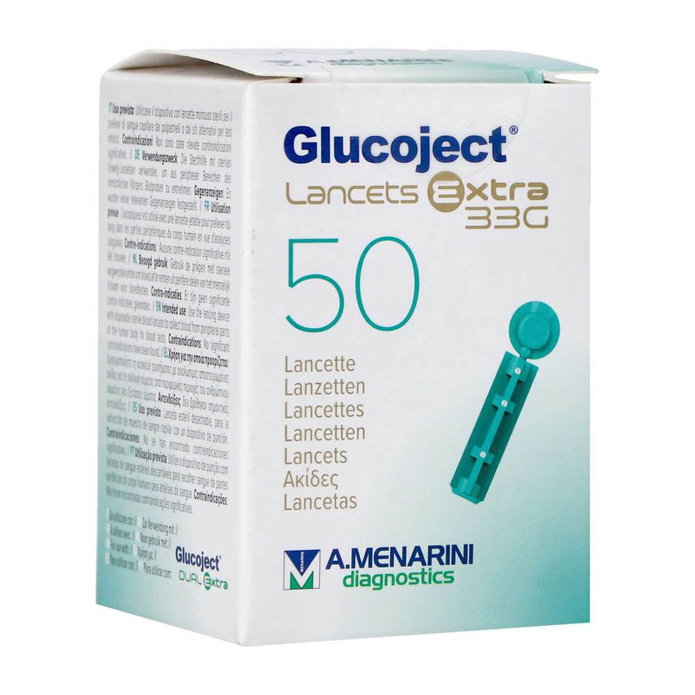 Boîte de lancettes Glucoject Extra 33G. Contient 50 lancettes. Logo A. Menarini Diagnostics et une lancette sont visibles.