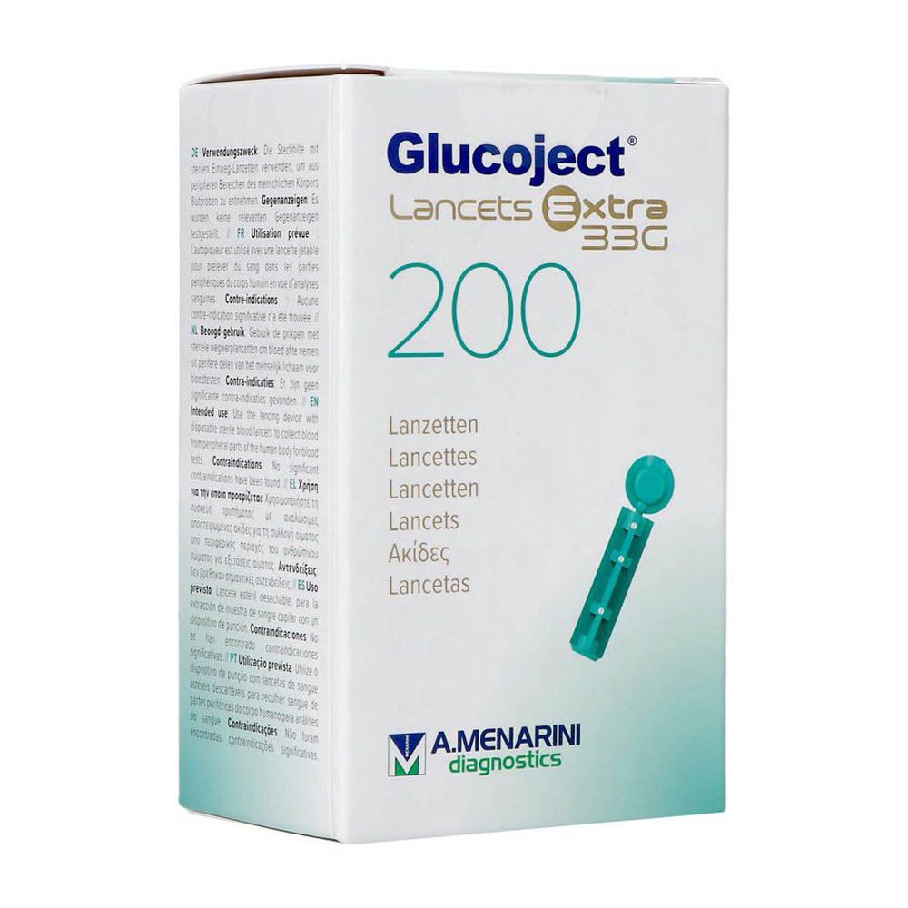 Boîte de lancettes Glucoject Extra 33G. Contient 200 lancettes. Logo A. Menarini Diagnostics.