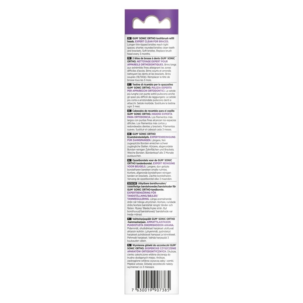 Dos d'un blister d'une brossette GUM Sonic Ortho, avec informations produit.