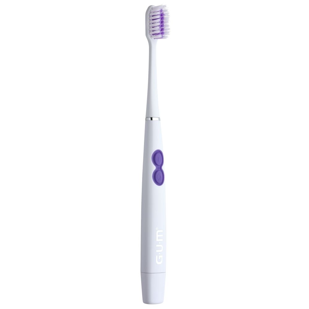 Een witte GUM Sonic Ortho opzetborstel met paarse borstelharen, verpakt in een blister.