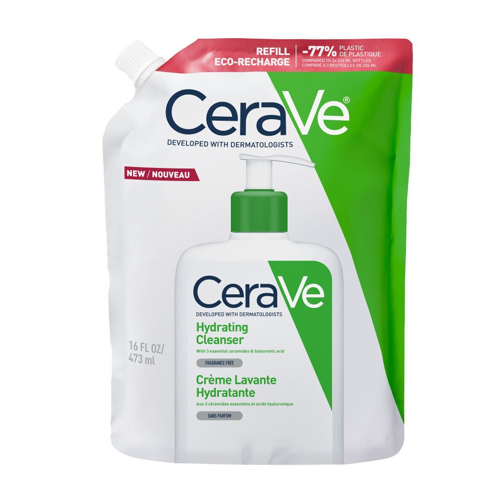 CeraVe Hydrating Cleanser en navulling. Witte fles met groene pomp en groene navulling.