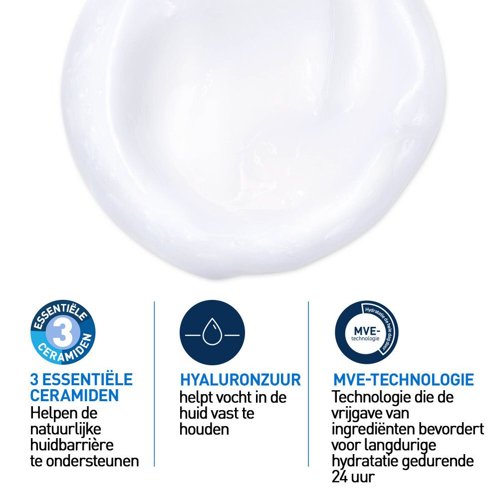 Close-up van een witte crème. Drie cirkels met tekst: Ceramiden, Hyaluronzuur, MVE-technologie.