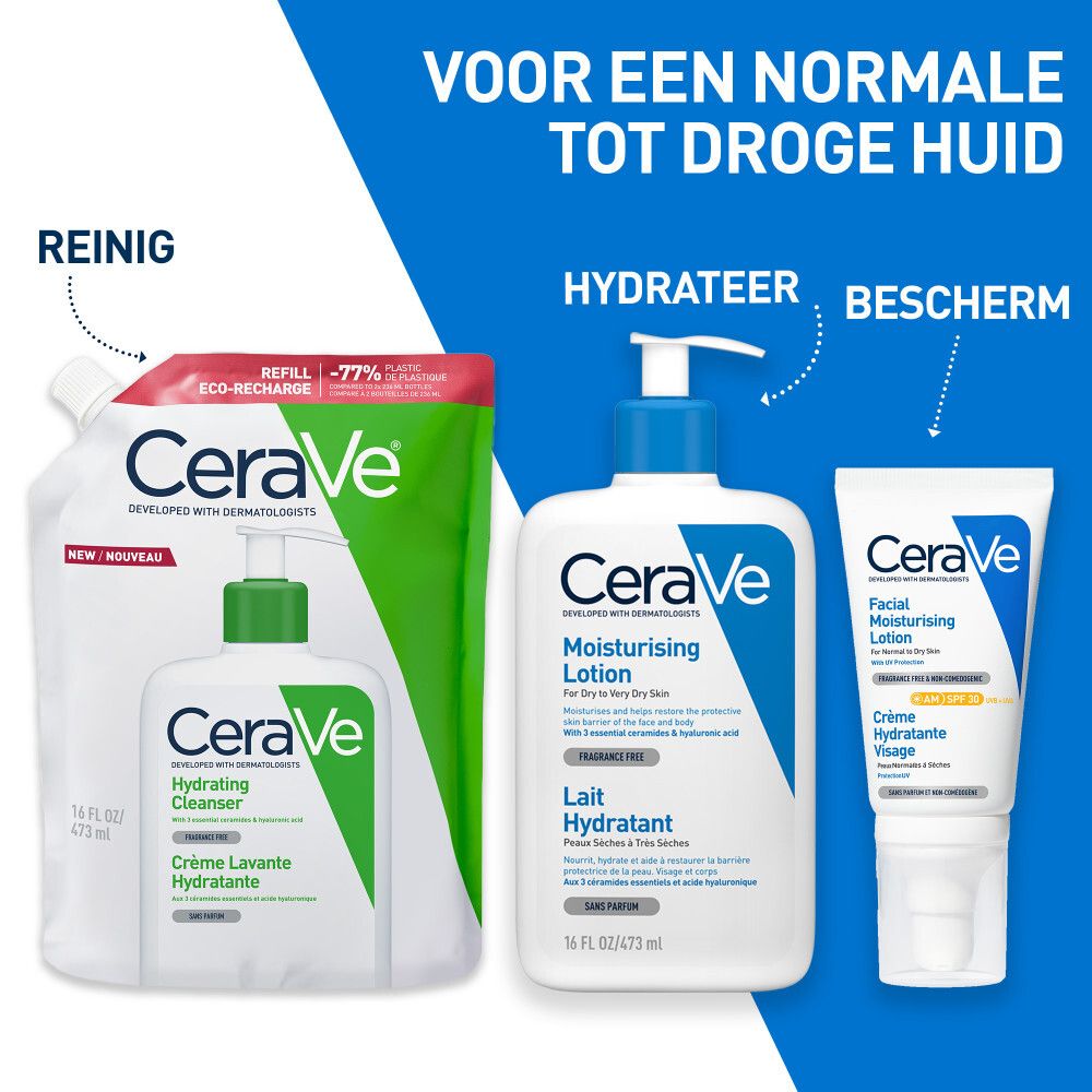 CeraVe producten: Crème Lavante Hydratante navulling, Hydrating Cleanser, Moisturising Lotion, Facial Moisturising Lotion.