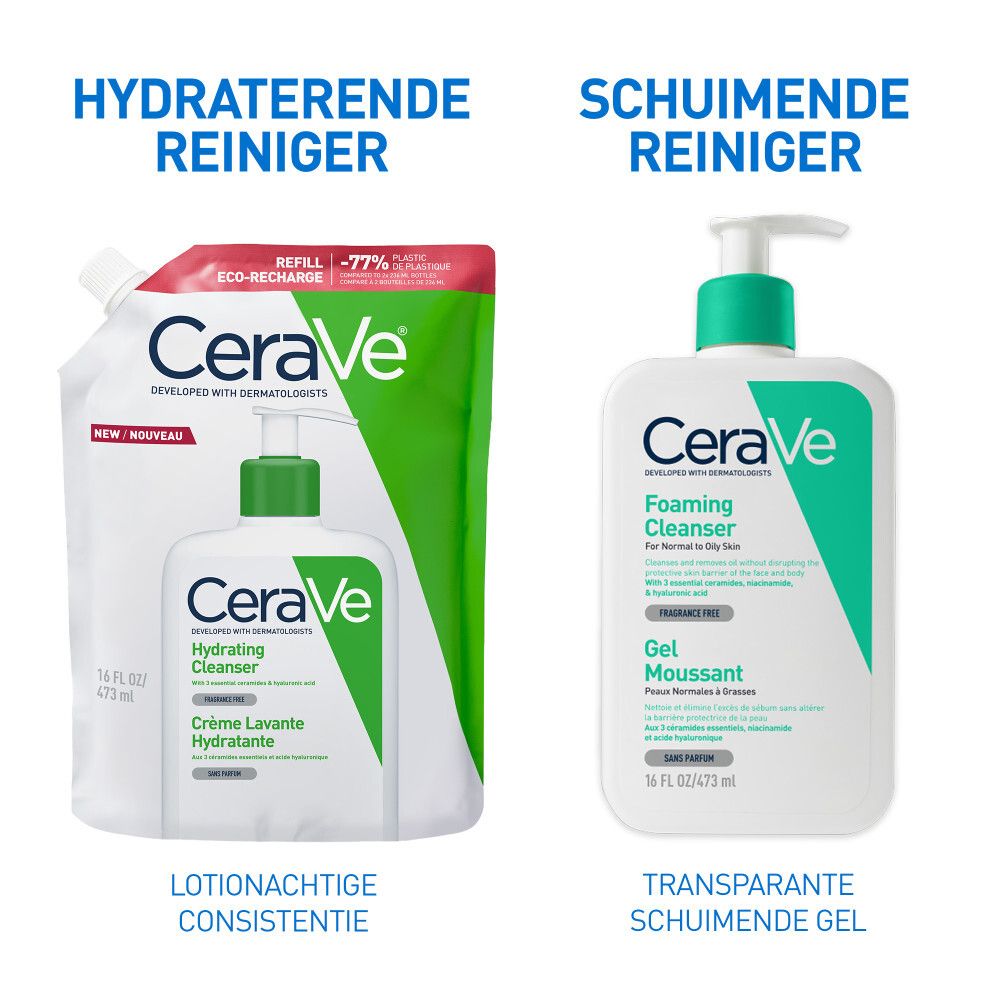 CeraVe Crème Lavante Hydratante en Gel Moussant. Tekst: Niet-schuimend, transparante schuimende gel.