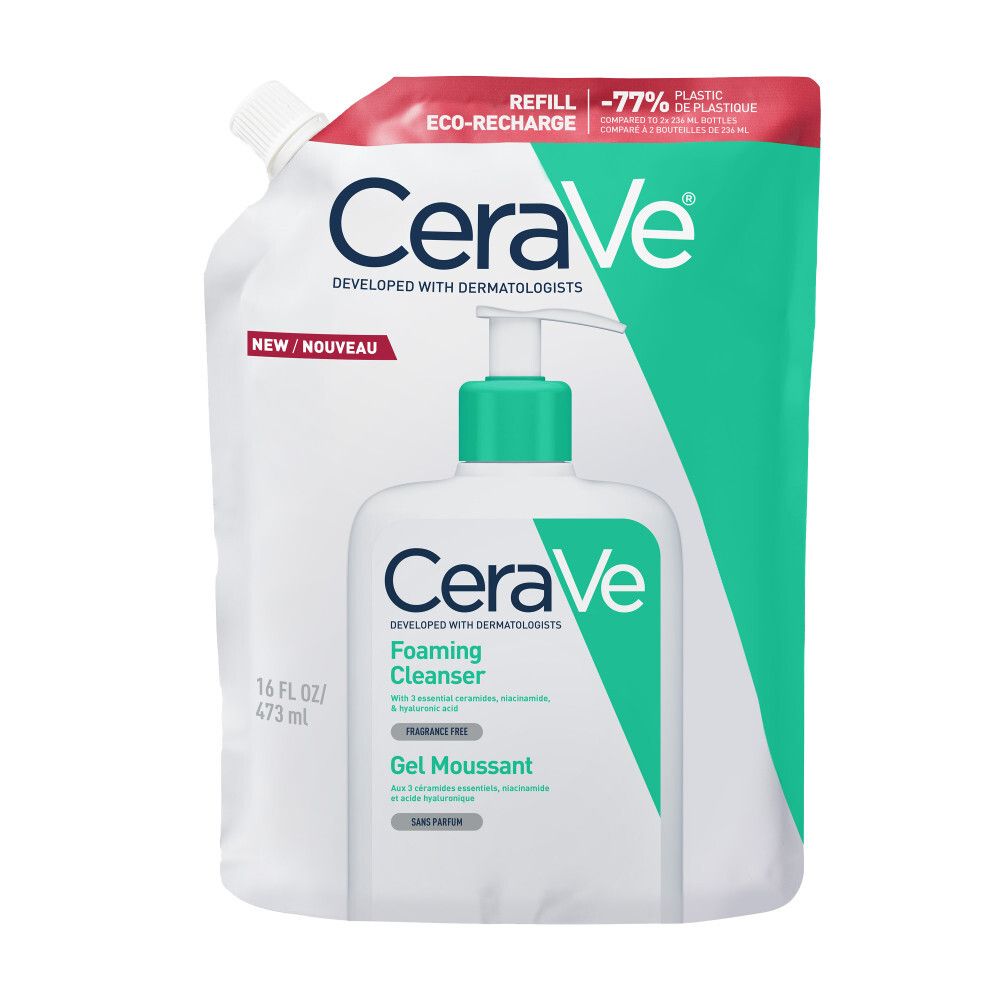 CeraVe Gel Moussant, navulverpakking en fles. Wit, groen, met pomp. Tekst: Foaming Cleanser, Gel Moussant.