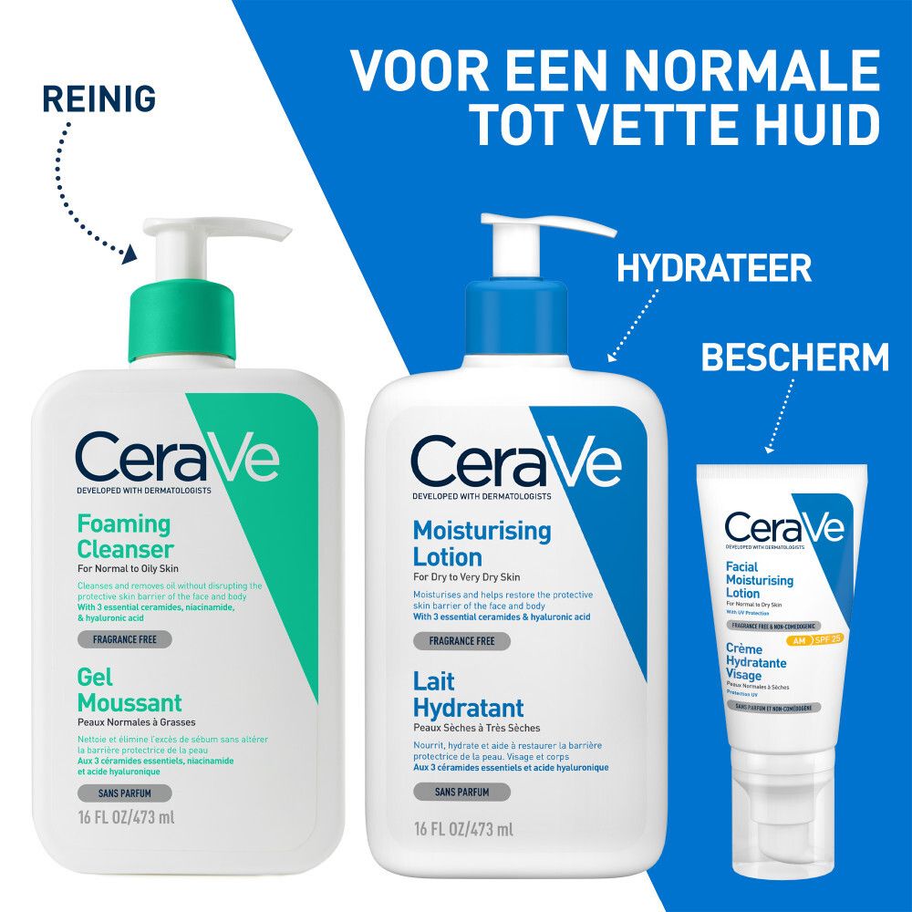 Drie CeraVe producten: Gel Moussant, Lait Hydratant, Crème Visage. Tekst: Voor een normale tot vette huid.