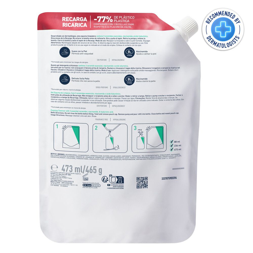 Achterkant van de navulverpakking CeraVe Gel Moussant. Tekst, instructies en QR-code op witte achtergrond.