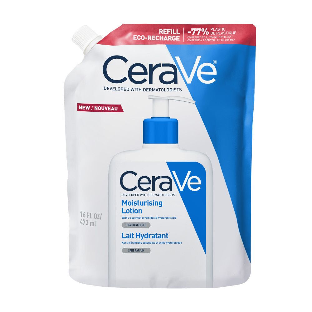 CeraVe Lait Hydratant navulling en fles. Wit en blauw. Merk aanbevolen door dermatologen.