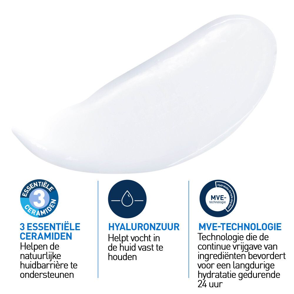 Close-up van witte crème. Tekst met 3 essentiële ceramiden, hyaluronzuur en MVE-technologie.