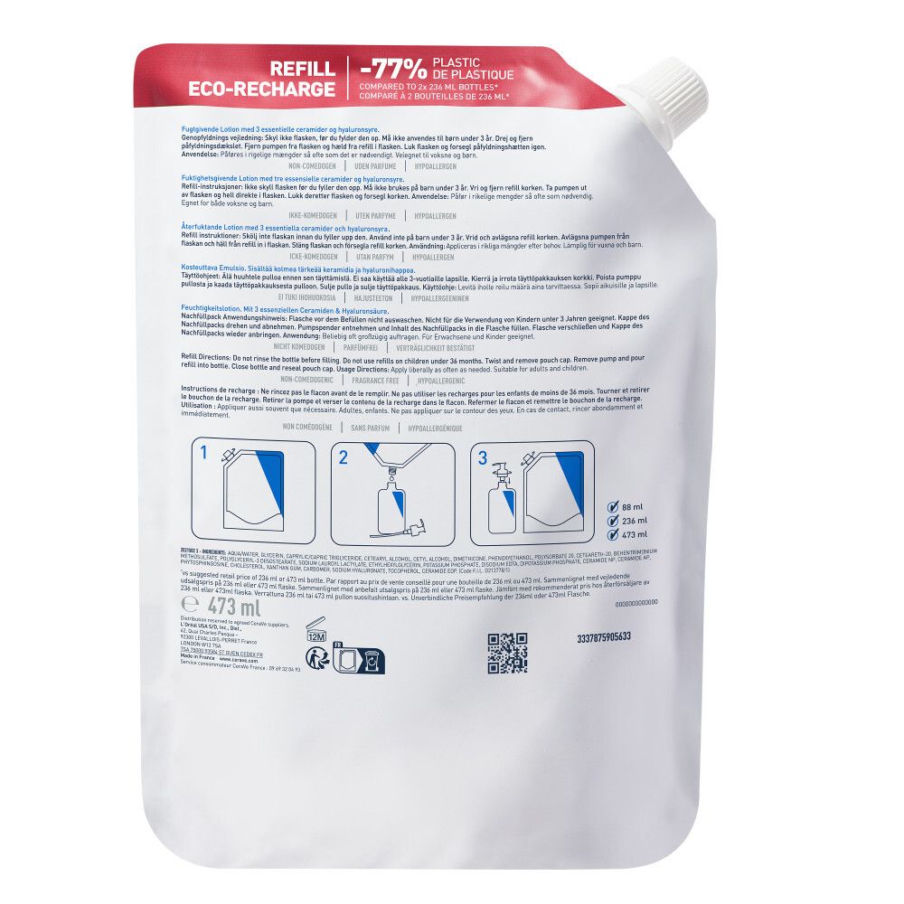 Achterkant van de CeraVe Lait Hydratant navulling. Instructies en QR-code zichtbaar.