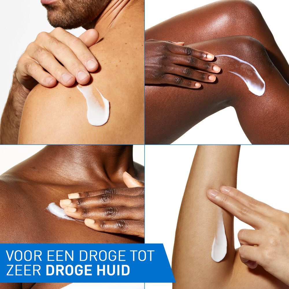 Verschillende mensen brengen crème aan. Tekst: Voor een droge tot zeer droge huid.