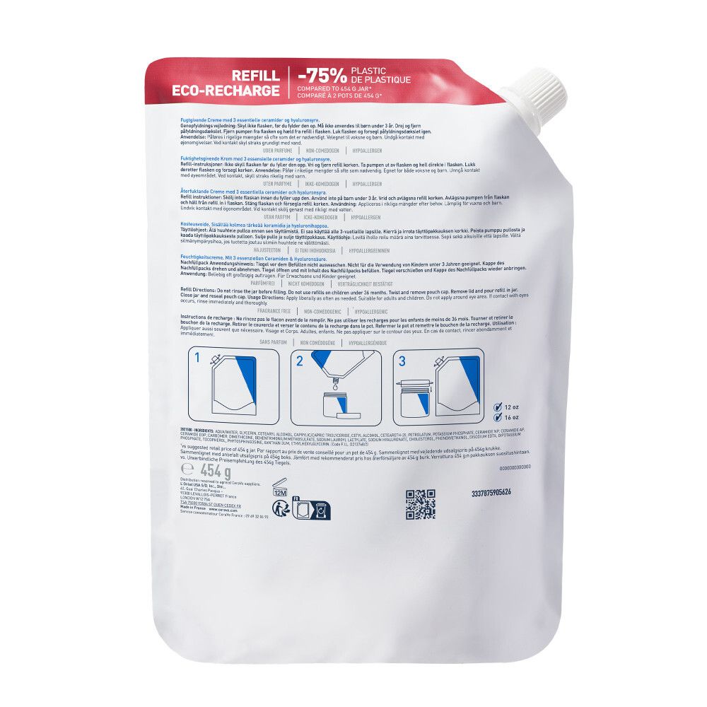 CeraVe Baume Hydratant wordt in een pot gegoten. Tekst over huidbarrière en ceramiden.