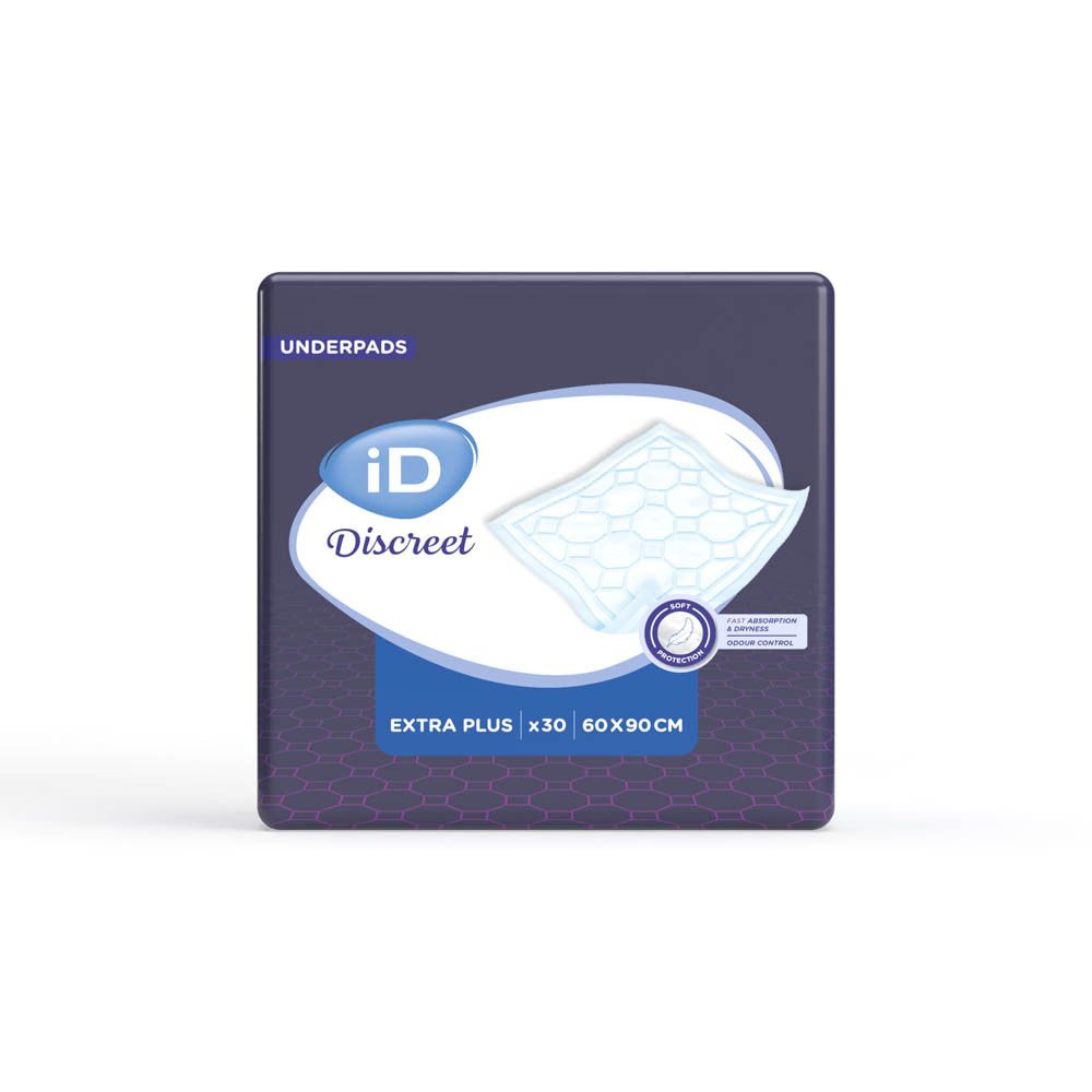 Emballage iD Discreet Underpads. Emballage carré avec nom du produit, taille 60x90cm et x30. Visible: logo, nom du produit et 'Extra Plus'.