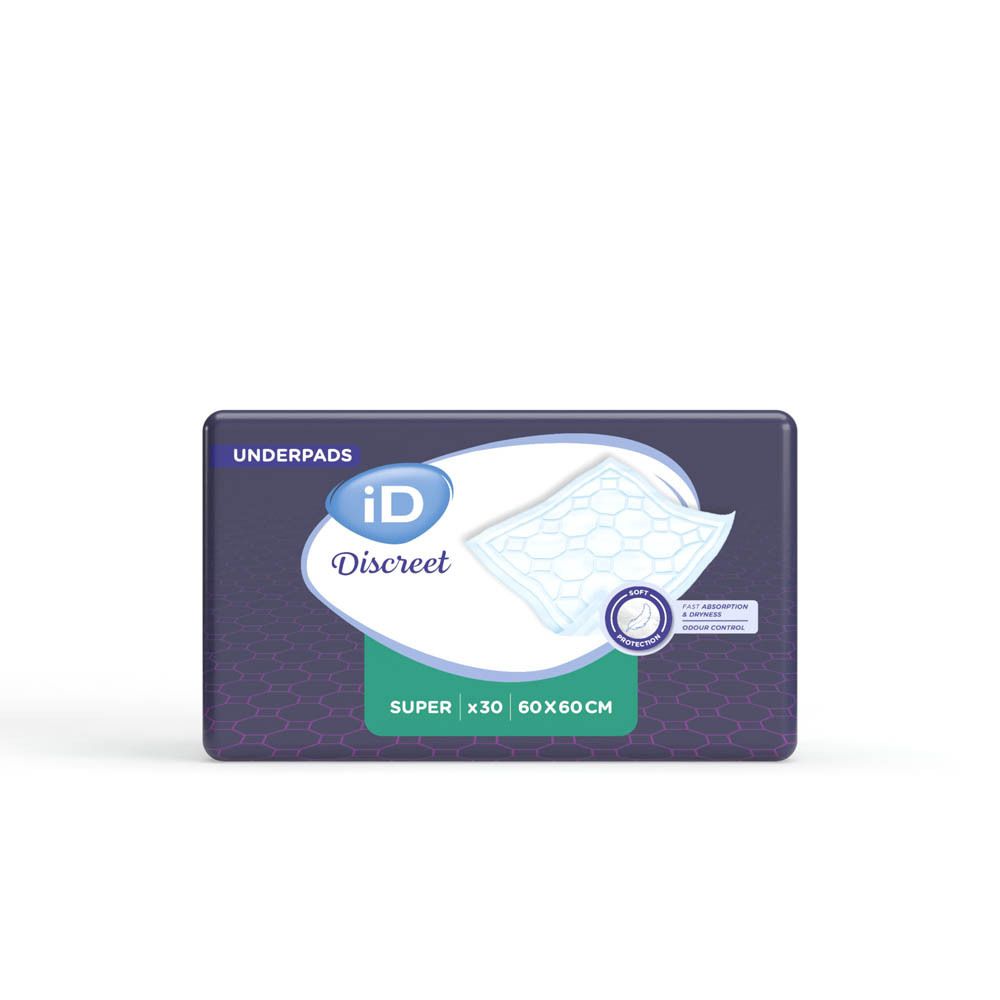 iD Discreet Underpads Super, 60x60cm. Verpakking, productnaam en kenmerken.